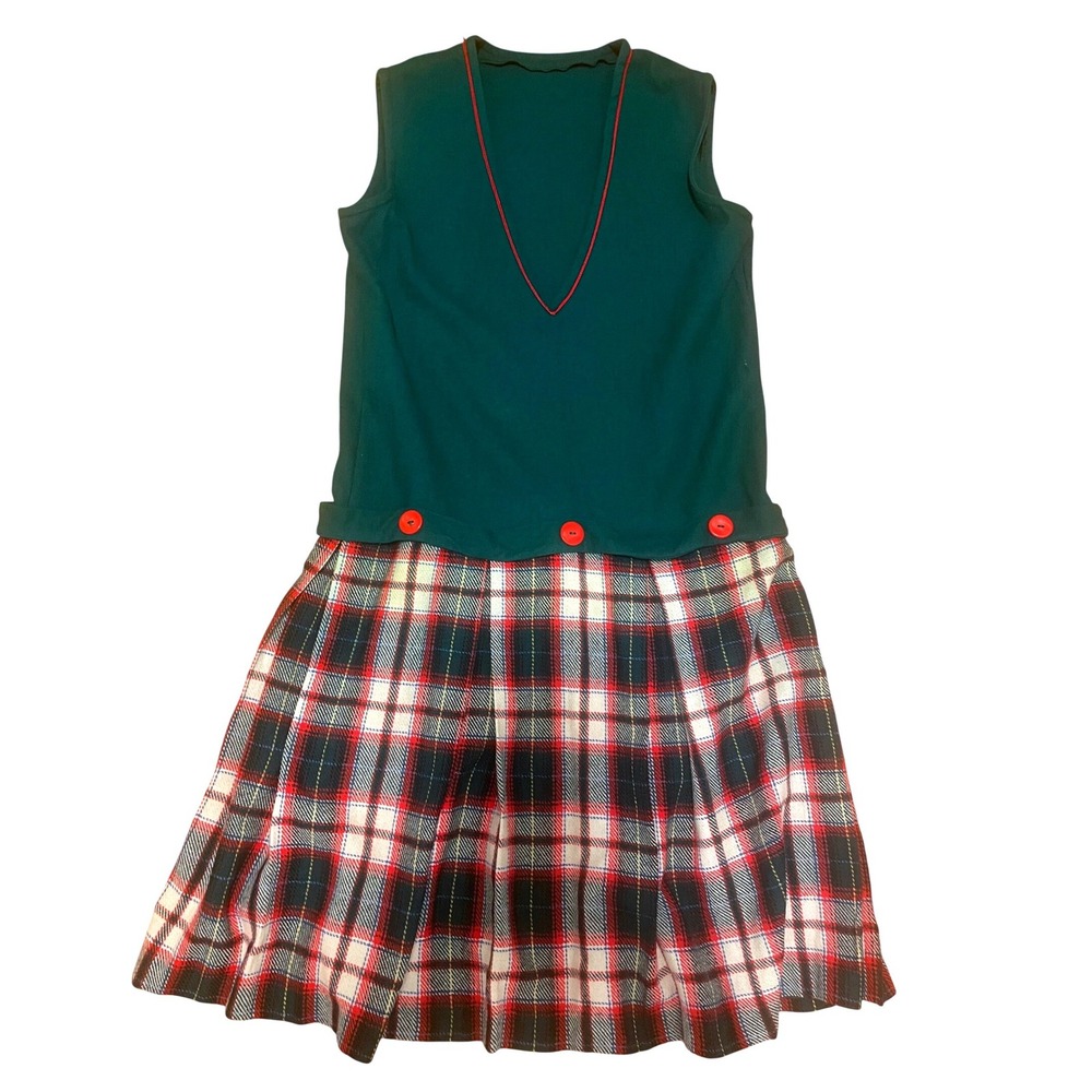 Vintage Dress Handmade Green and Plaid Drop Waist Dress Red Trim V-Neck